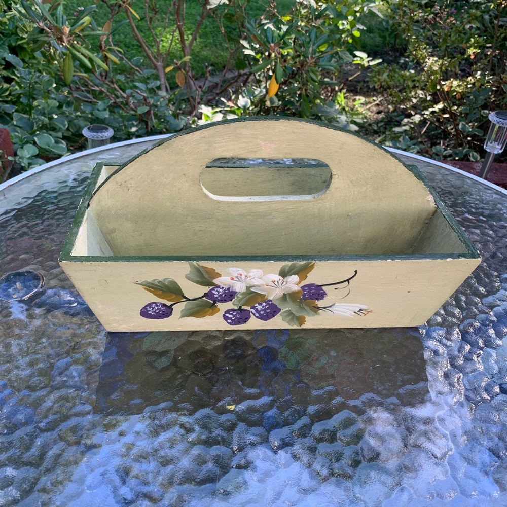 Vintage Hand-Painted Floral Wooden Caddy